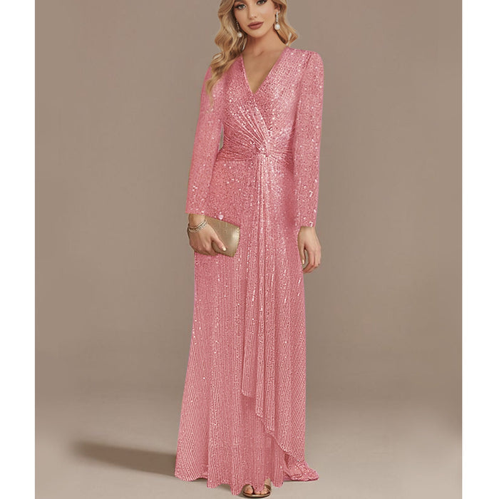 Sequins Long Sleeves Evening Dress High Back V-Neck Prom Dress - Rosymae