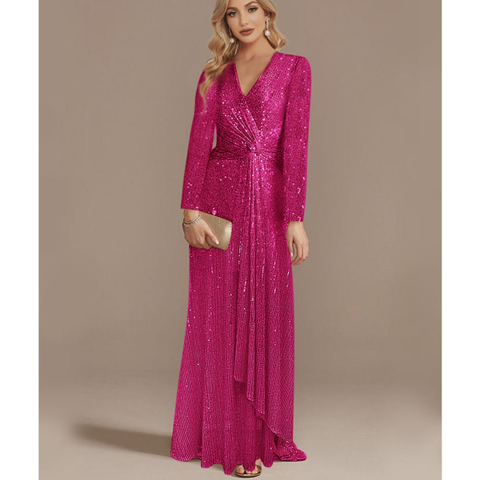 Sequins Long Sleeves Evening Dress High Back V-Neck Prom Dress - Rosymae