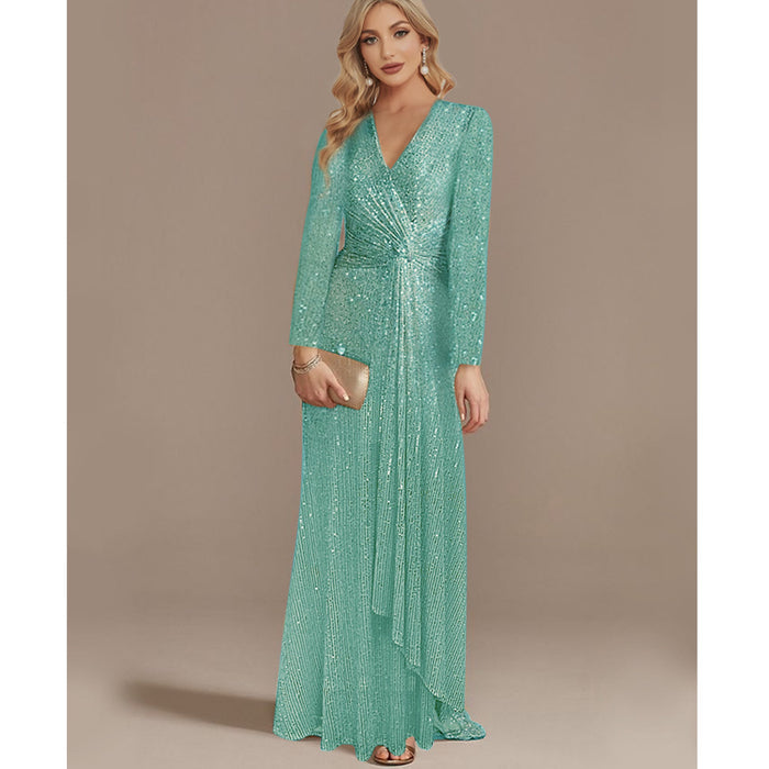 Sequins Long Sleeves Evening Dress High Back V-Neck Prom Dress - Rosymae