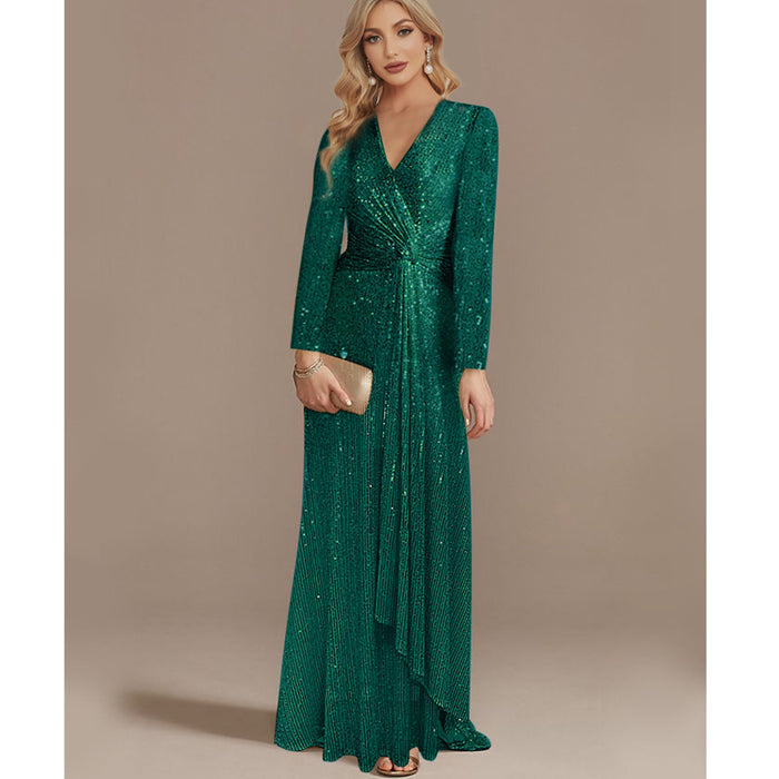 Sequins Long Sleeves Evening Dress High Back V-Neck Prom Dress - Rosymae