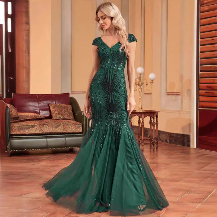 Sequins Mermaid Formal Evening Gown V-neck Prom Dress - Rosymae