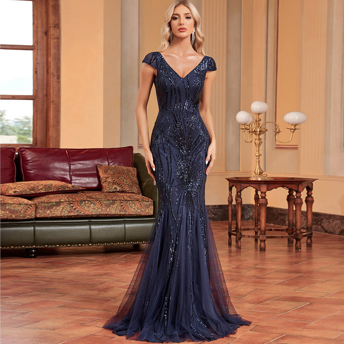 Sequins Mermaid Formal Evening Gown V-neck Prom Dress - Rosymae