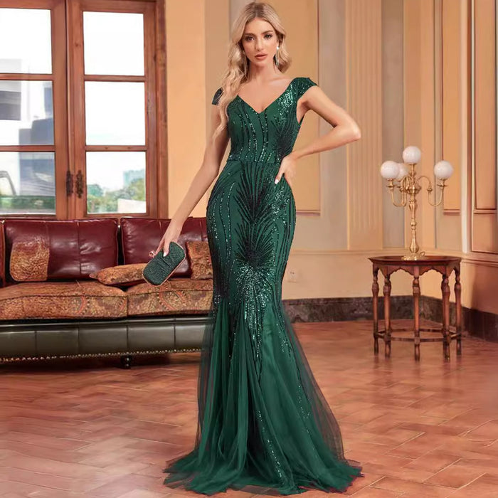Sequins Mermaid Formal Evening Gown V-neck Prom Dress - Rosymae