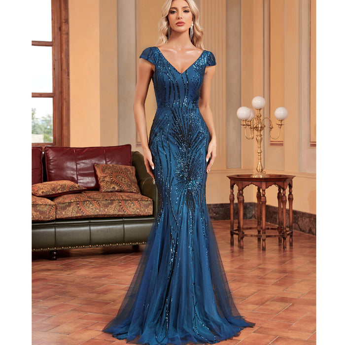 Sequins Mermaid Formal Evening Gown V-neck Prom Dress - Rosymae