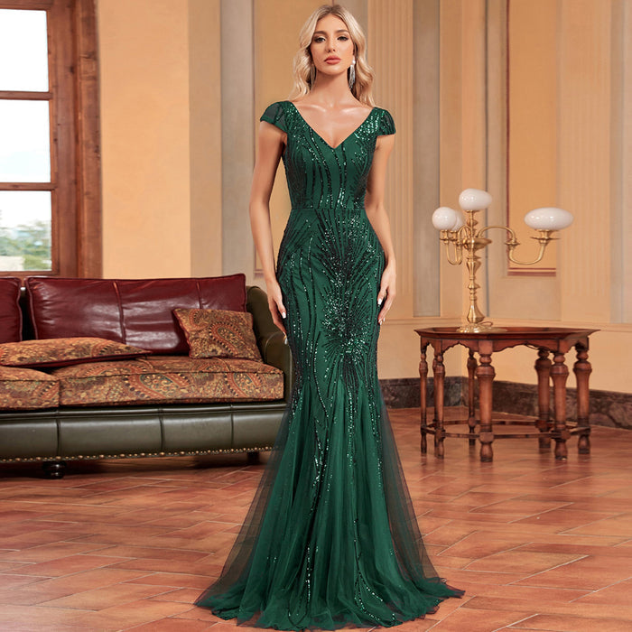 Sequins Mermaid Formal Evening Gown V-neck Prom Dress - Rosymae