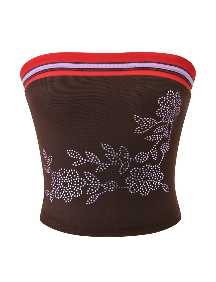 The SERAH DIAMANTE BOOB TUBE - CHOCOLATE by TIGERMIST features a chocolate brown, strapless design with sparkling diamante accents, inspired by classic floral mesh boob tube styles.