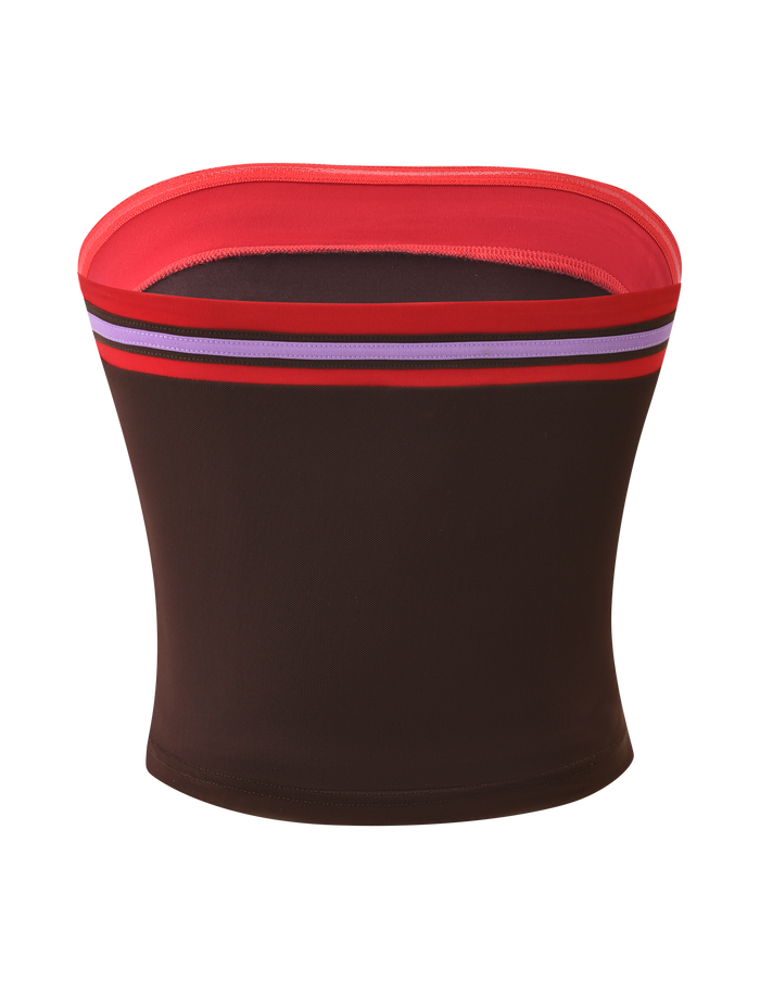 The TIGERMIST SERAH DIAMANTE BOOB TUBE in chocolate features a strapless, fitted design with a red upper trim and horizontal purple and red stripes near the top, shown against a white background.