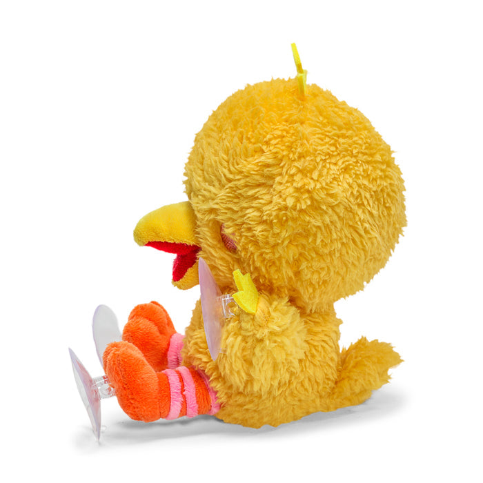 Sesame Street Big Bird 8-inch plush window clinger hanging on a window, soft and colorful character plush toy.