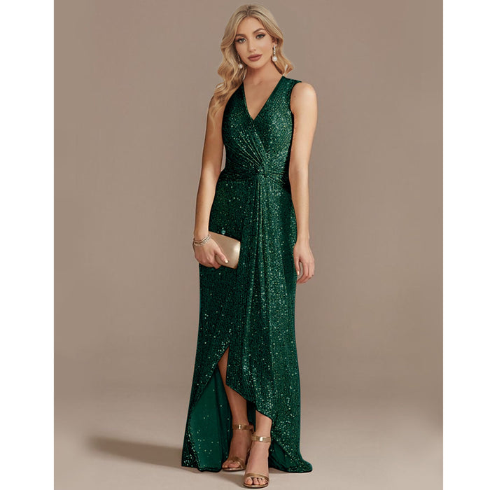 Sheath V Neck Hi-Lo Evening Dress Sequin Party Prom Dresses - Rosymae