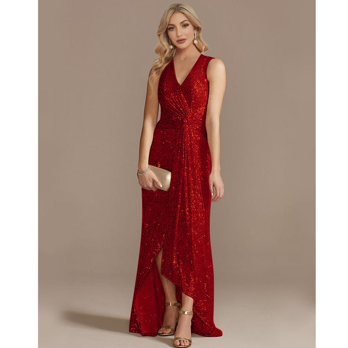 Sheath V Neck Hi-Lo Evening Dress Sequin Party Prom Dresses - Rosymae