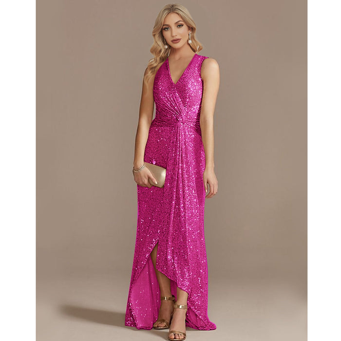 Sheath V Neck Hi-Lo Evening Dress Sequin Party Prom Dresses - Rosymae