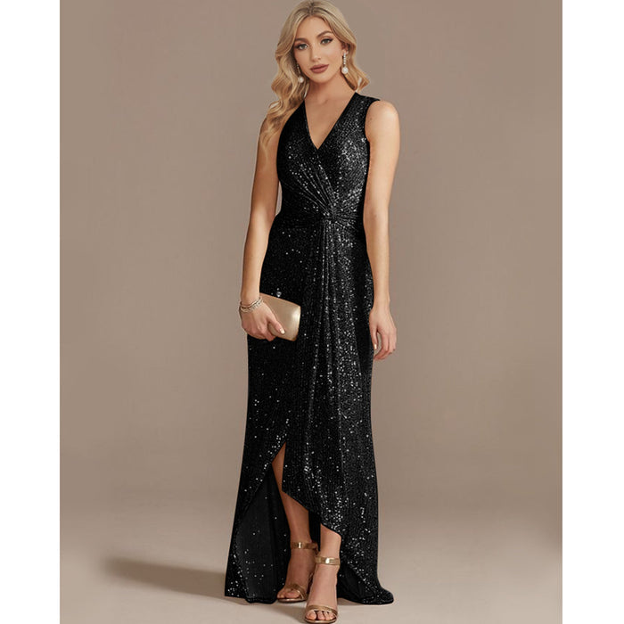 Sheath V Neck Hi-Lo Evening Dress Sequin Party Prom Dresses - Rosymae