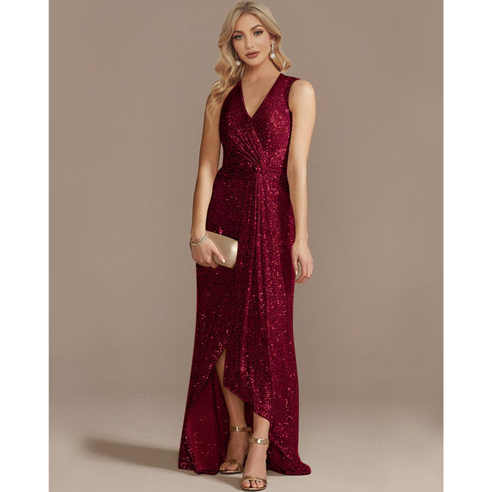 Sheath V Neck Hi-Lo Evening Dress Sequin Party Prom Dresses - Rosymae