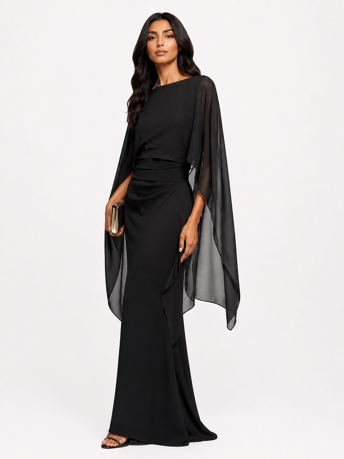 Sheer Cape Sleeve Maxi Dress - Noir