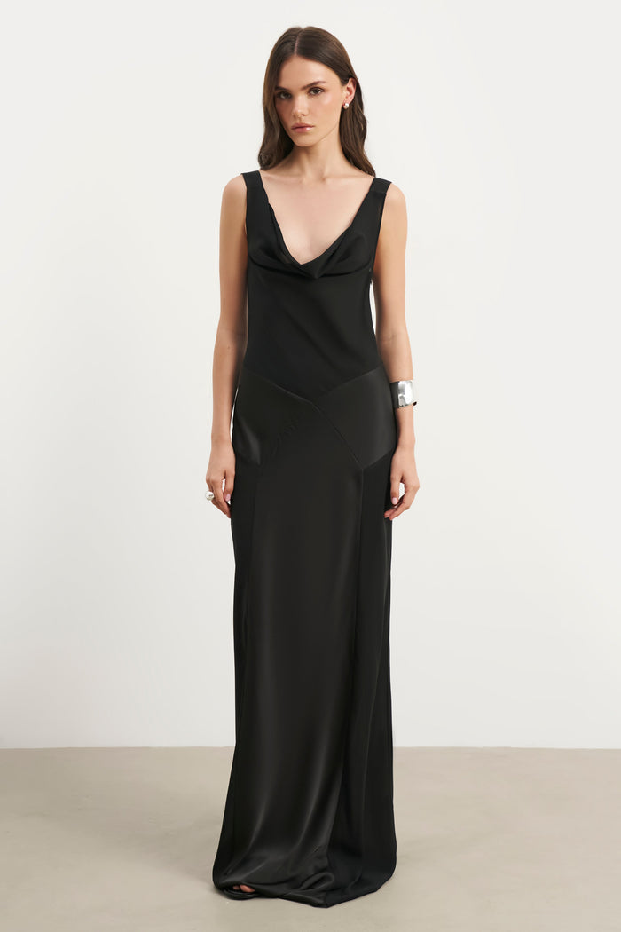 Sheer Chiffon Cowl Neck Satin Panel Gown - Black