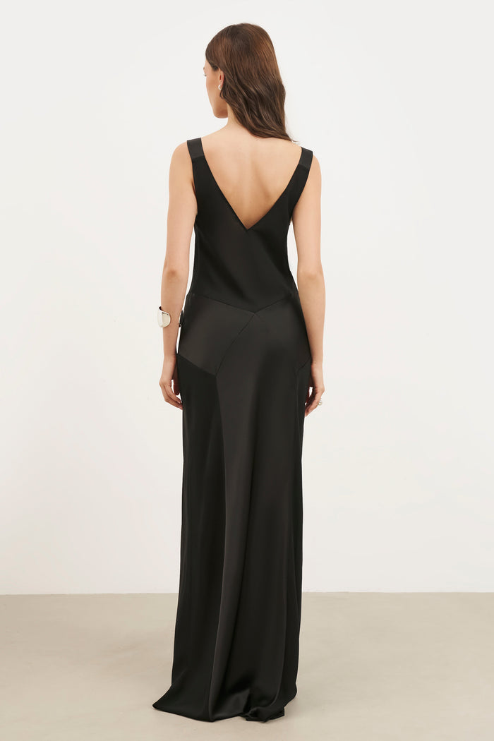 Sheer Chiffon Cowl Neck Satin Panel Gown - Black