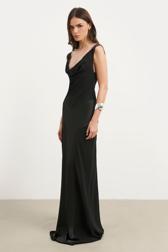 Sheer Chiffon Cowl Neck Satin Panel Gown - Black
