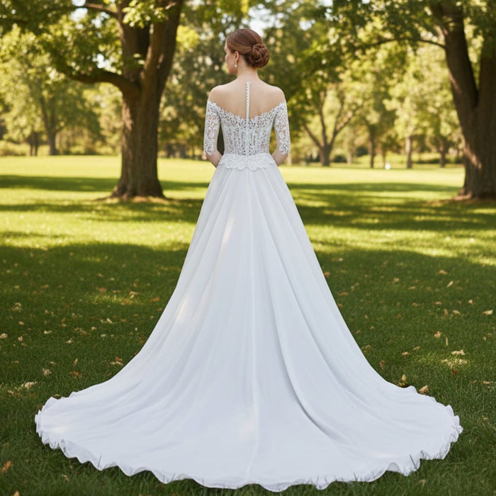 Sheer Off Shoulder Half Sleeve A-line Wedding Dress for Bride - Rosymae