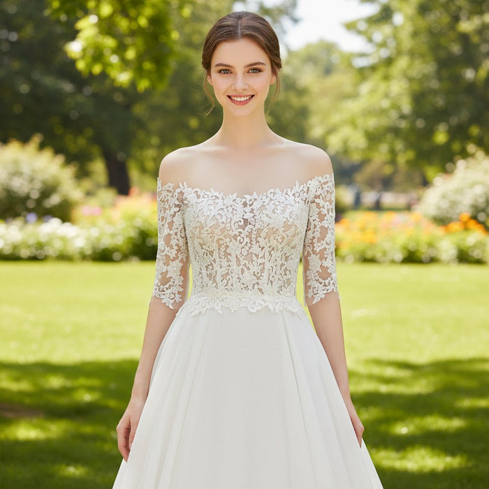 Sheer Off Shoulder Half Sleeve A-line Wedding Dress for Bride - Rosymae