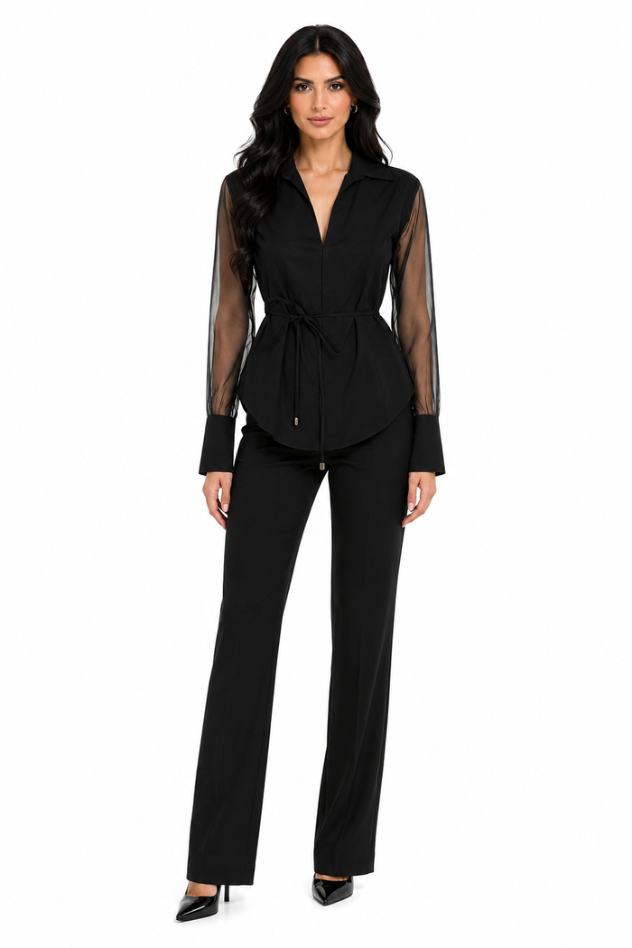 Sheer-Sleeve Tie-Waist Blouse – Raven