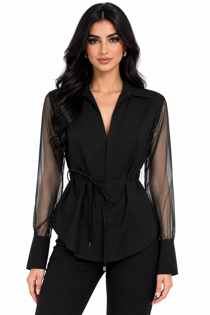 Sheer-Sleeve Tie-Waist Blouse – Raven