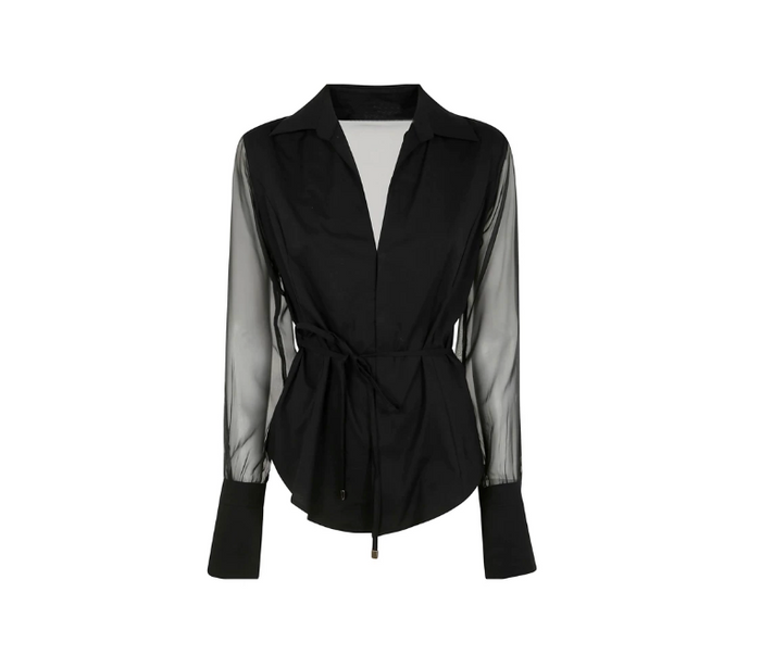 Sheer-Sleeve Tie-Waist Blouse – Raven