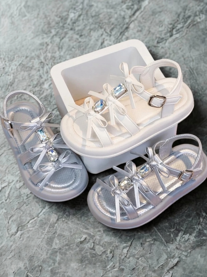 girls bow rhinestone sandals white silver summer water shoes