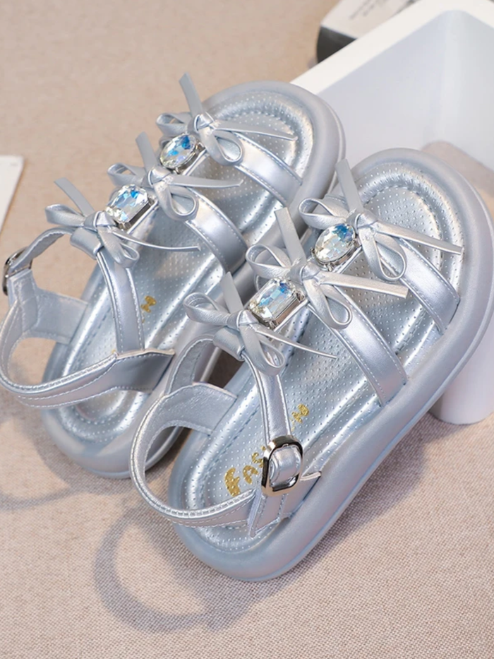silver girls sandals rhinestone bow casual summer shoes