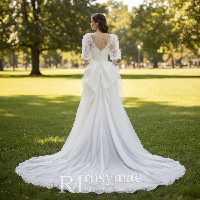 Short Puffy Long Sleeve Lace Wedding Dress with Detachable Train - Rosymae