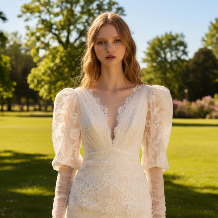 Short Puffy Long Sleeve Lace Wedding Dress with Detachable Train - Rosymae