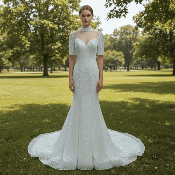 Silver Half Sleeve O-neck Mermaid Informal Wedding Dress with Sheer Neck - Rosymae