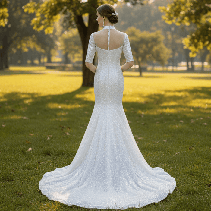 Silver Half Sleeve O-neck Mermaid Informal Wedding Dress with Sheer Neck - Rosymae