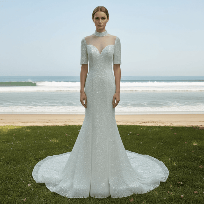 Silver Half Sleeve O-neck Mermaid Informal Wedding Dress with Sheer Neck - Rosymae