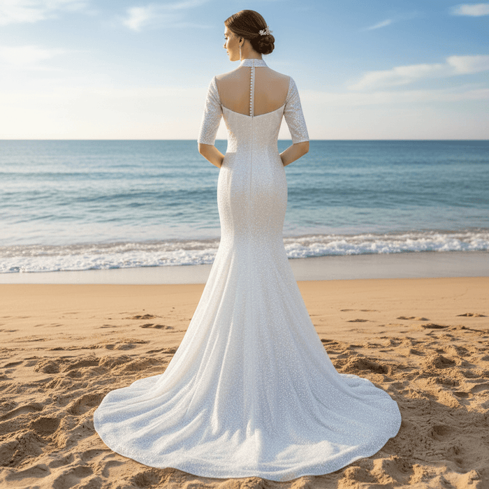 Silver Half Sleeve O-neck Mermaid Informal Wedding Dress with Sheer Neck - Rosymae
