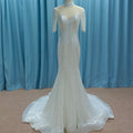 Silver Half Sleeve O-neck Mermaid Informal Wedding Dress with Sheer Neck - Rosymae