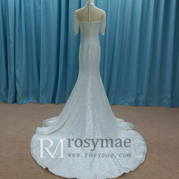 Silver Half Sleeve O-neck Mermaid Informal Wedding Dress with Sheer Neck - Rosymae