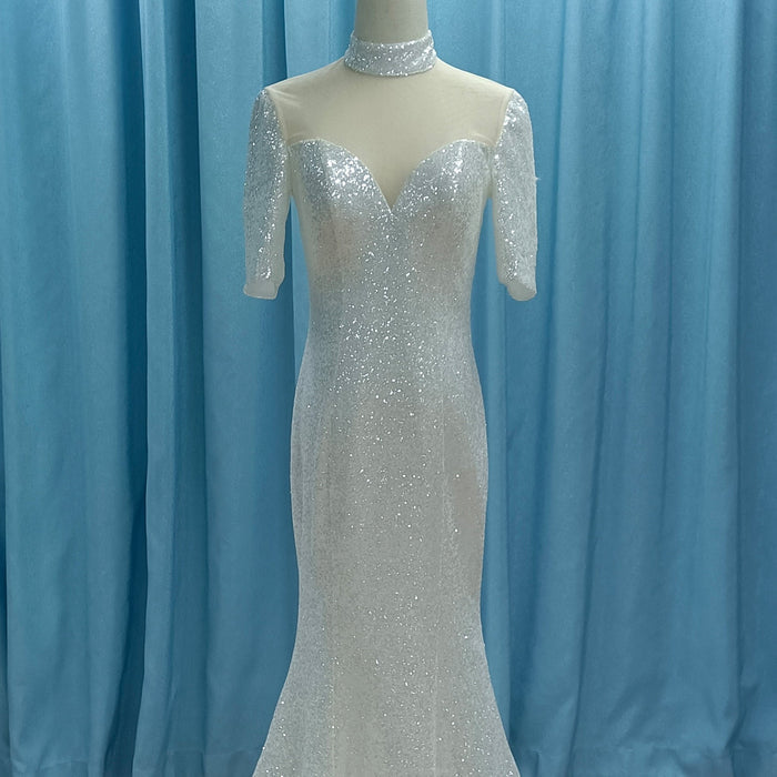 Silver Half Sleeve O-neck Mermaid Informal Wedding Dress with Sheer Neck - Rosymae