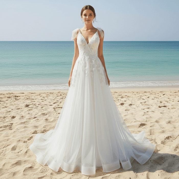Simple A-line Tulle Lace Low Back Wedding Dress with Deep V-neck - Rosymae