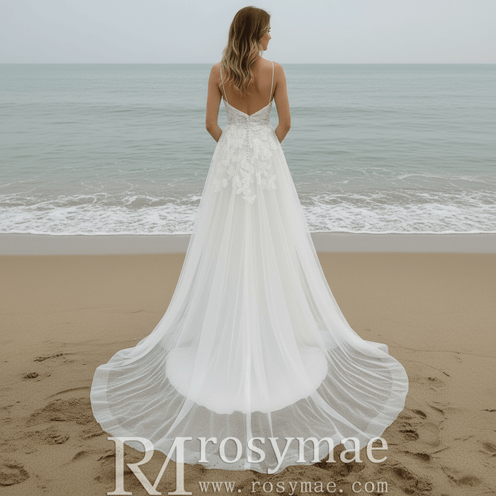Simple A-line Tulle Lace Low Back Wedding Dress with Deep V-neck - Rosymae