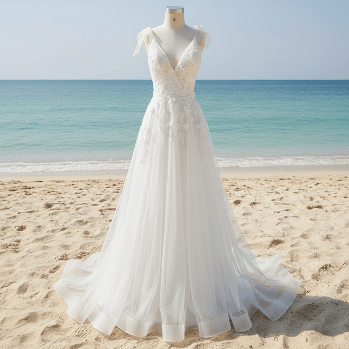 Simple A-line Tulle Lace Low Back Wedding Dress with Deep V-neck - Rosymae