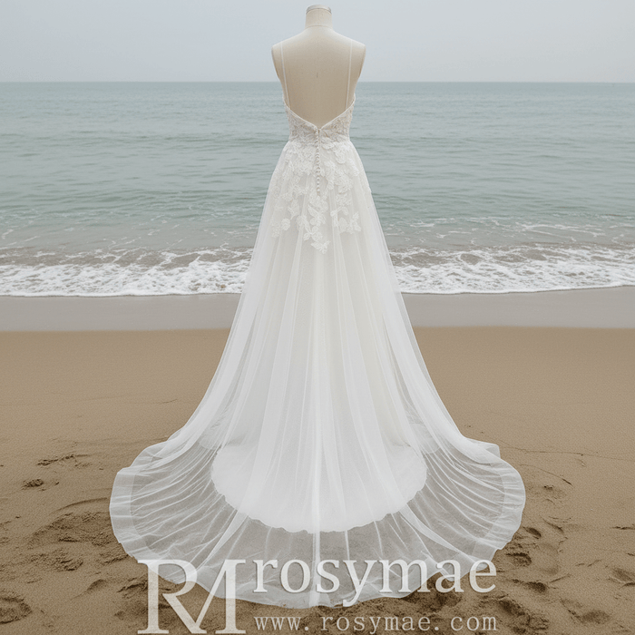Simple A-line Tulle Lace Low Back Wedding Dress with Deep V-neck - Rosymae