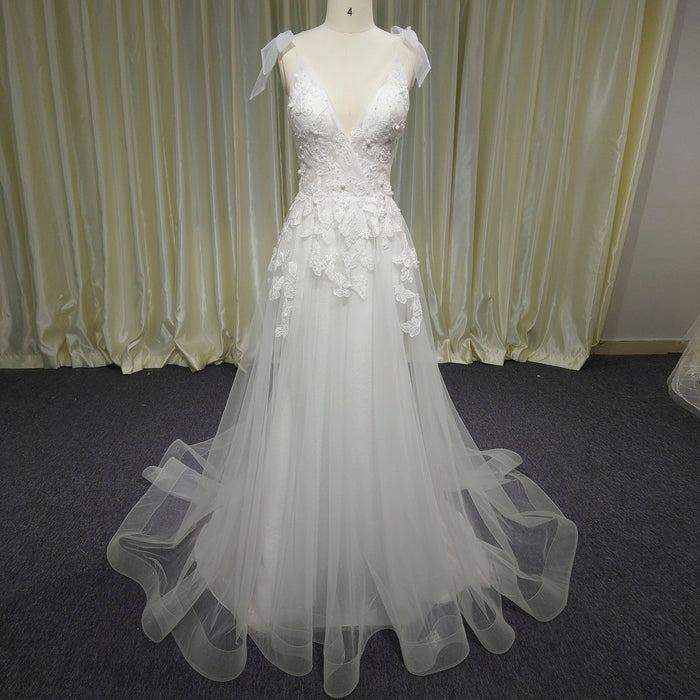 Simple A-line Tulle Lace Low Back Wedding Dress with Deep V-neck - Rosymae