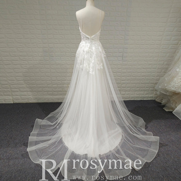 Simple A-line Tulle Lace Low Back Wedding Dress with Deep V-neck - Rosymae