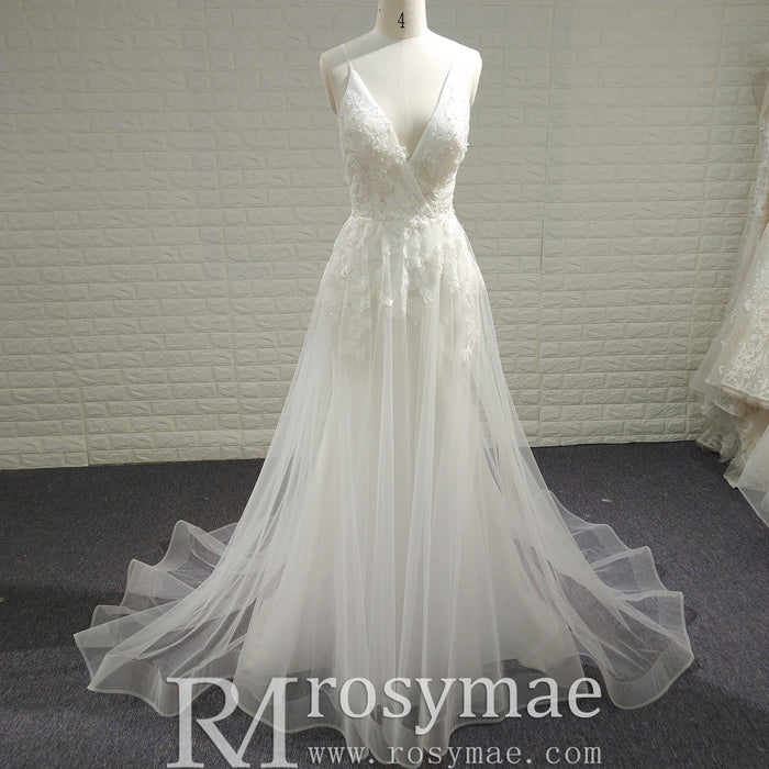 Simple A-line Tulle Lace Low Back Wedding Dress with Deep V-neck - Rosymae