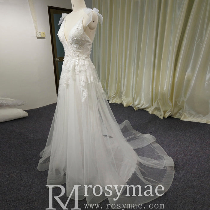 Simple A-line Tulle Lace Low Back Wedding Dress with Deep V-neck - Rosymae