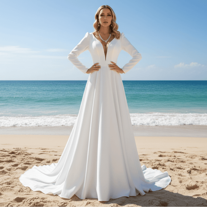 Simple and Sleek A-line Satin Wedding Dress with Long Sleeves - Rosymae