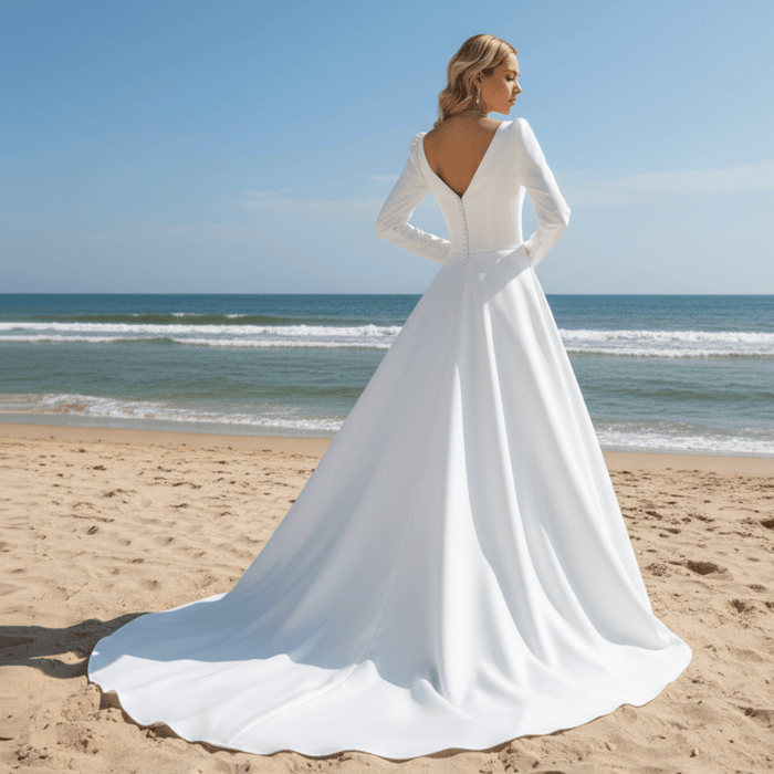 Simple and Sleek A-line Satin Wedding Dress with Long Sleeves - Rosymae
