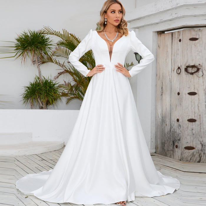 Simple and Sleek A-line Satin Wedding Dress with Long Sleeves - Rosymae