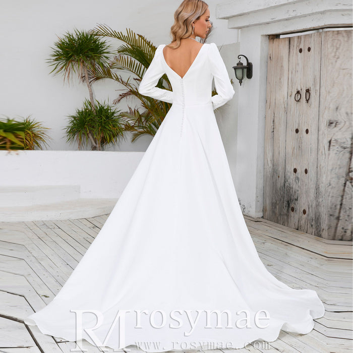 Simple and Sleek A-line Satin Wedding Dress with Long Sleeves - Rosymae