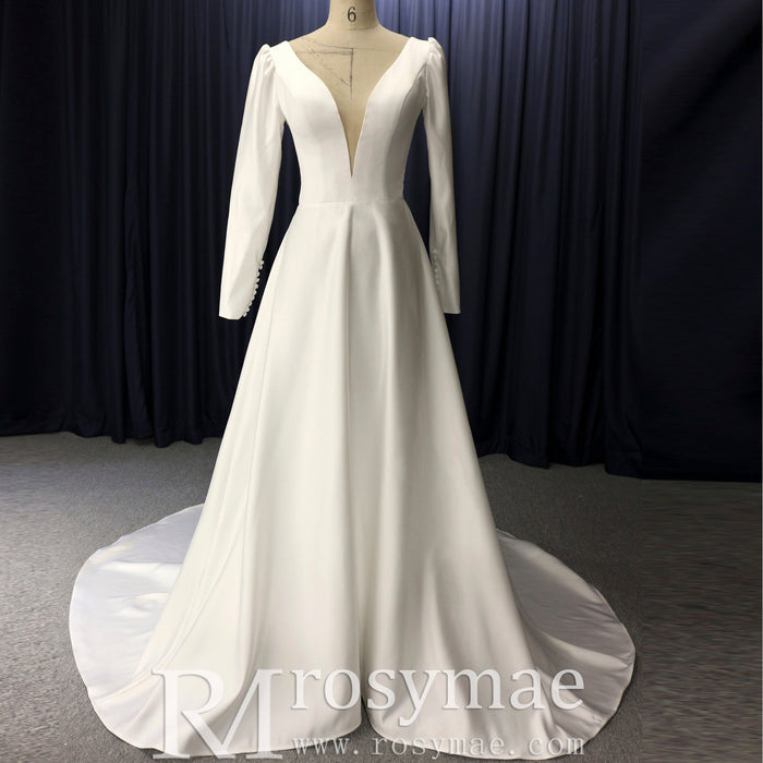 Simple and Sleek A-line Satin Wedding Dress with Long Sleeves - Rosymae